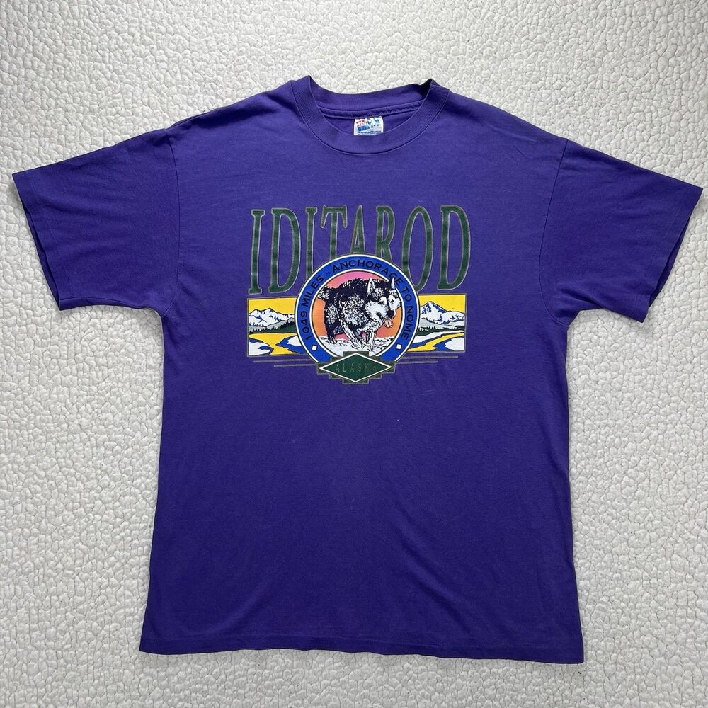 VTG Iditarod Alaska T-Shirt Sz‎ Large Purple Single Stitch USA 90s Adventurecore